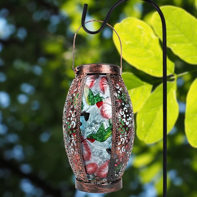 Hummingbird Solar Lanterns Glass &amp Metal Hanging Lantern Outdoor Waterproof 16 H Tabletop Light with Hollowed-Out Design for Garden Patio Table Decor Mother's Day Gift