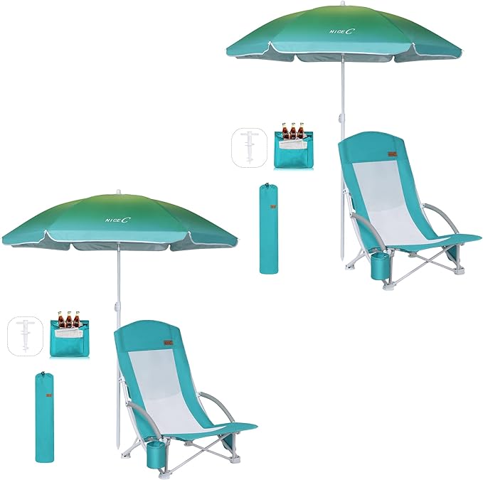 Nice C Beach Chair Sand Chair Lake Chairs for Adults with Umbrella and Cooler Low Beach Chairs High Back Cup Holder &amp Carry Bag &amp Heavy Duty Compact Outdoor Camping (Set of 2 Blue)