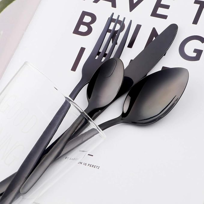 BuyGo Black Silverware Flatware Set 16-Piece Light Weight Stainless Steel Eating Utensil Service for 4 Include Knife Fork Spoon Dishwasher Safe