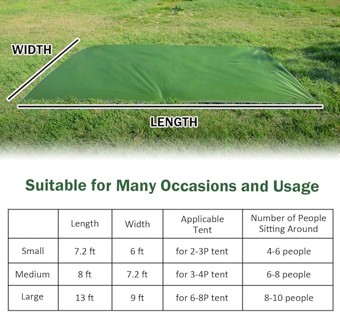 ayamaya Tent Footprint PU 3000 Waterproof Tent Ground Cloth Large Size for 2-8 Person Family Camping Tents Ground Sheet Mat with 6 Tent Stakes for Camping Hiking Picnic - 13x9FT /8x7FT /6x7FT /5x7FT