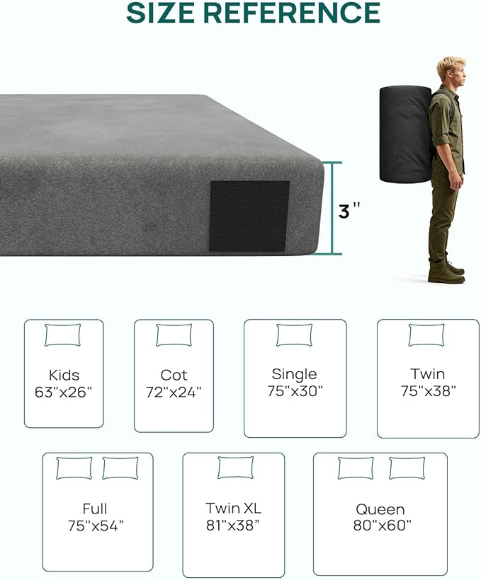 3 Inch Dual-Sided Memory Foam Camping Mattress Waterproof Camping Sleeping Pad with Portable Pillow &amp Carry Bag Roll Up Cot Mattress Mat for Guest Bed/Car/Tent