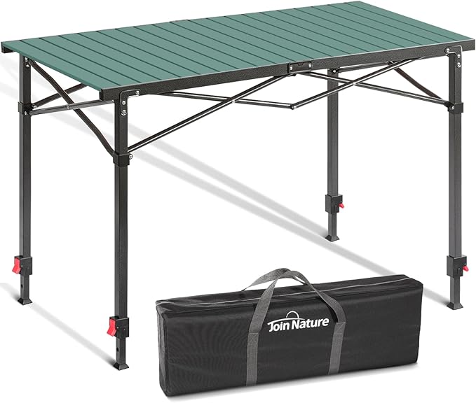 Portable Outdoor Adjustable Height Camping Table Large for 2-6 Person Foldable Roll-up Aluminum Camp Table with Carry Bag for Picnic Camp Sturdy Stable Loads 220 Lbs (Green)