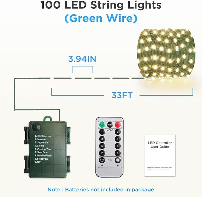 33ft Battery Operated String Lights (2 Pack) 100 LED Fairy String Lights Battery Powered w/Remote &amp Timer for Indoor Outdoor Christmas Trees Wreath Decoration Bedroom Patio - Warm White