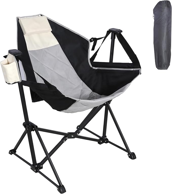 Hammock Camping Chair with Adjustable Backrest Portable Folding Rocking Camping Chair with Ergonomic Seat &amp Padded Headrest Ideal for Camping Travel Tailgating Black &amp Beige