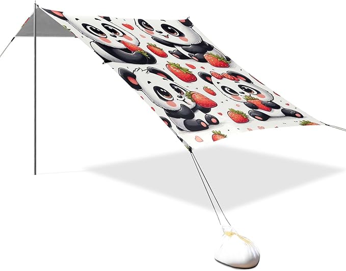 Cute Panda with Strawberry Camping Sun Shelter Beach Tent Portable Beach Sun Shade Outdoor Canopy for Camping Trips Fishing Picnic