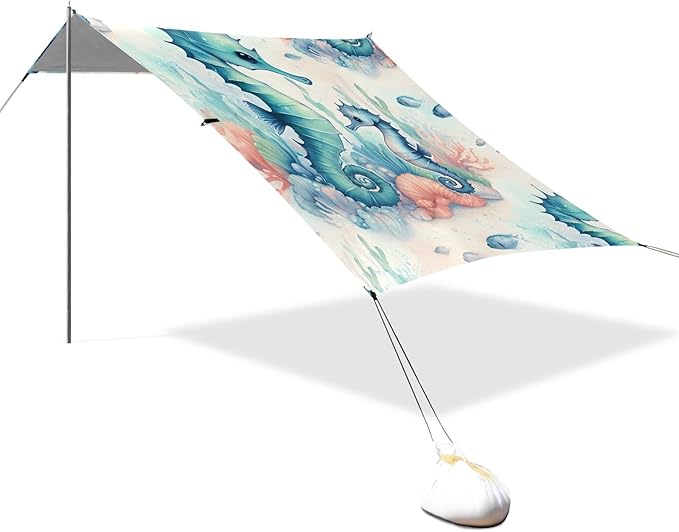 Cute Seahorse Camping Sun Shelter Beach Tent Portable Beach Sun Shade Outdoor Canopy for Camping Trips Fishing Picnic