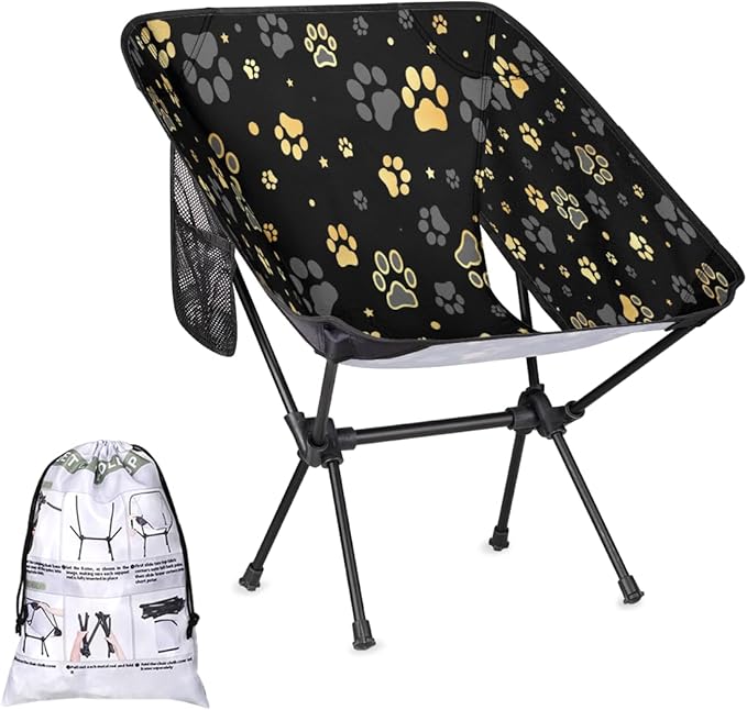 Black Gold Dog Pattern Camping Chair Lightweight Portable Chairs for Adults Easy Installation Outdoor Foldable Camping Chair for Camping Fishing Hiking Picnic Beach