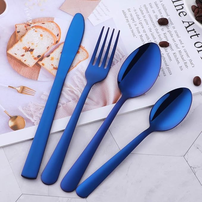 Buyer Star 20-Piece Blue Silverware Flatware Set for 5 Light Weight Cutlery Sets for Travel Camping Hand Polish Dishwasher Safe