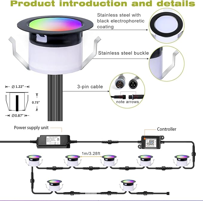 Sumaote LED Deck Lights Kit 6Pack 1.22 Low Voltage WiFi RGBW+IC Multicolor Dynamic Recessed Deck Lighting IP67 Waterproof 12V Step Lights for Garden Yard Path Stairs