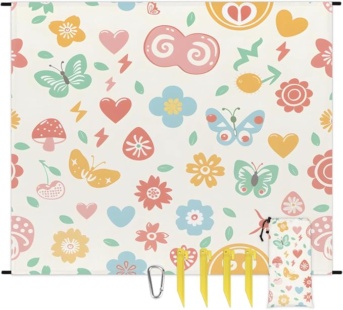 Waterproof Sandproof Beach Blanket 59''×68'' Animals Butterflies Polyester Outdoor Picnic Blanket with 4 Stakes &amp Storage Bag for BeachCampingVacation White Background