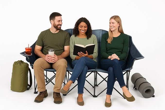 GoTEAM! Portable Folding Bench Couch – 3 Seat Collapsible Outdoor Chair with Cup Holders &amp Carry Bag – Heavy Duty 600D Nylon for Camping Sports Tailgating Beach &amp Backyard (Blue/Gray)