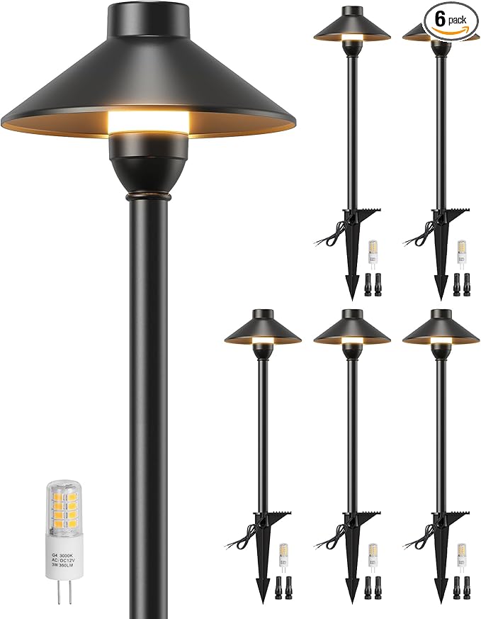 PARTPHONER Low Voltage Landscape Lighting 6-Pack Aluminum 12V Pathway Lights with G4 Bulbs Waterproof Stylish Matte Black Color Wired Path Lights with Connectors for Walkway Yard Garden