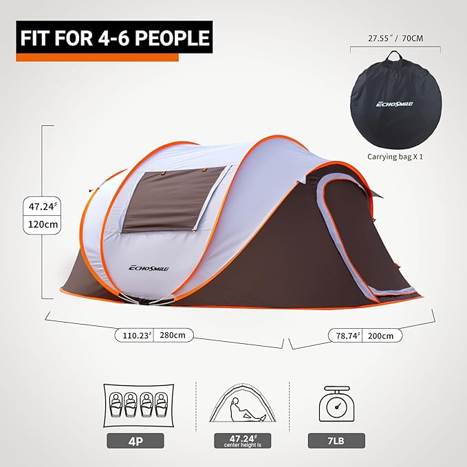 EchoSmile Instant Pop Up Camping Tent 2/4/6 Person Easy Setup Tent Water Resistant Dome Portable with Carry Bag