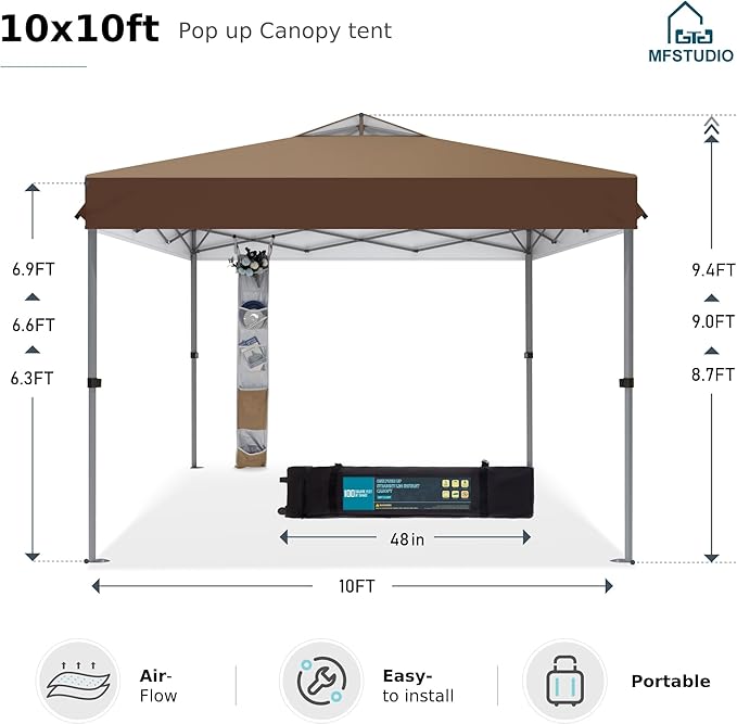 MFSTUDIO 10x10 Pop up Canopy Tent Gazebo Shelter Sun Shade Canopies One Push Setup Portable Popup Easy Set up Tents with Vented TopStorage4 Sandbagsfor BeachPartiesCamping