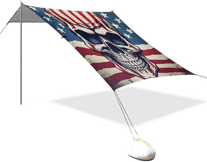 ALAZA American Flag Skull Beach Tent Sun Shelter UPF50+ Protection Beach Shade Canopy w/ 4 Sandbags for Outdoor Camping Fishing Backyard Fun Picnic 10x9 ft