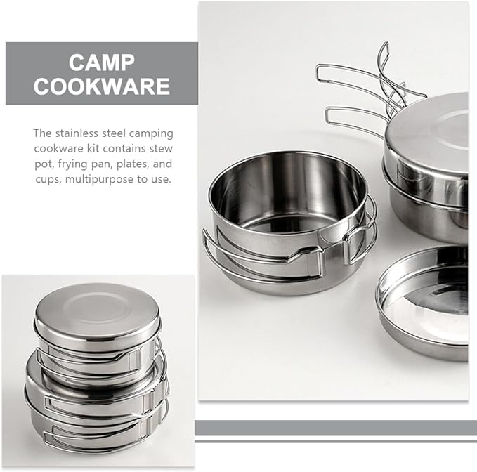 Stainless Steel Camping Cookware Set Outdoor Pot Pan Set Foldable Handle Lightweight 4pcs Mess Kit Portable for Hiking Picnic Backpacking
