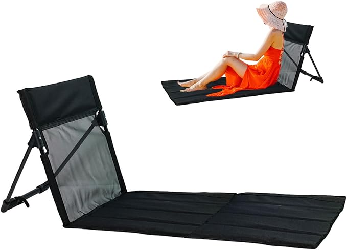Beach Mat Lounge Chair Folding Beach Lounger with Breathable Mesh Backrest Lightweight Floor Chair for Swimming Pool Camping Fishing Hiking Travel(Black)