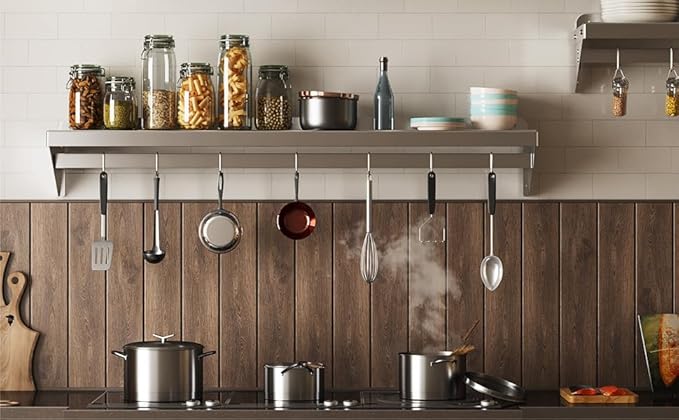 12 x 48 NSF Certified Stainless Steel Wall Mount Shelf - Multifunctional Metal Storage Rack with Backsplash and 7 Hooks