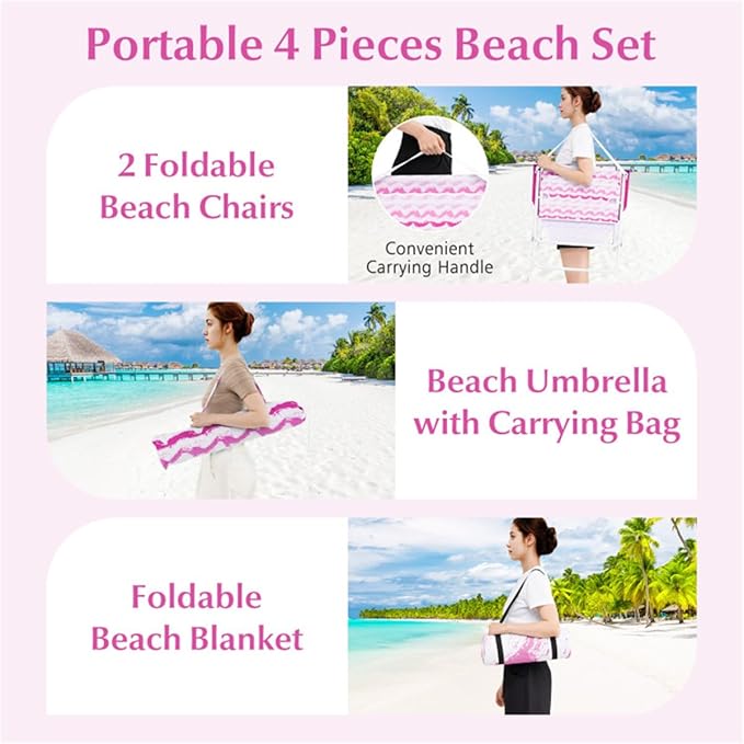 Portable 4 Pieces Beach Set with 6.2ft Sun-Proof Umbrella 2 Foldable Chairs and 80 x 80 Waterproof Blanket 30° Tilt System Umbrella with Sand Anchor &amp Carrying Bag for Picnic &amp Camping (Pi