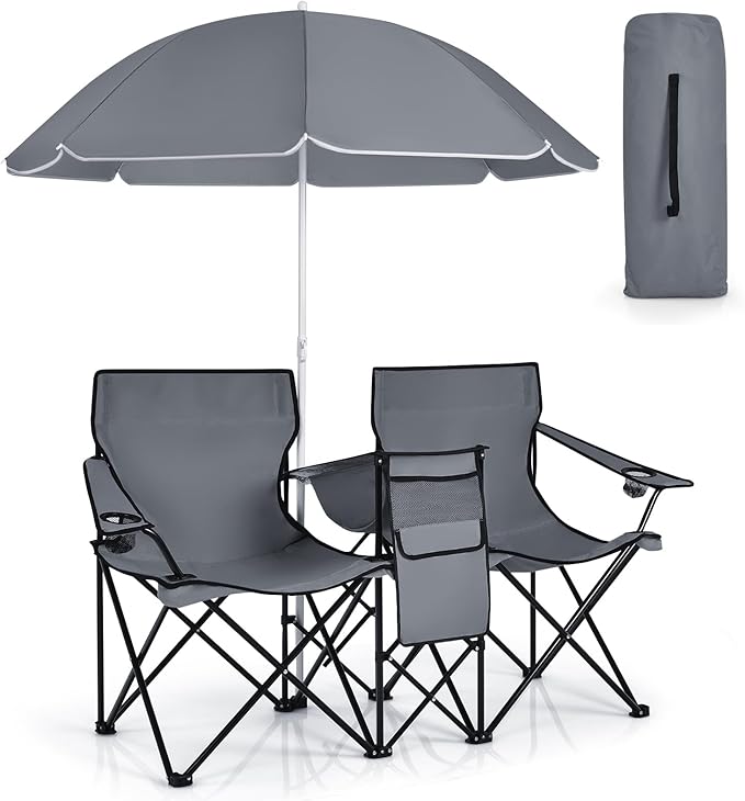 Double Camping Chair with Canopy Folding Camp Chairs w/Cup Holder Cooler &amp Carry Bag Table Side Pocket 2 Person Portable Beach Chair with Umbrella for Picnic Fishing (Grey)