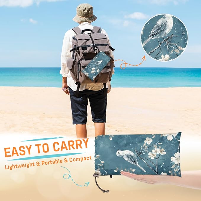 Waterproof Sandproof Beach Blanket 59''×68'' Plants &amp Bird Polyester Outdoor Picnic Blanket with 4 Stakes &amp Storage Bag for BeachCampingVacation Blue-Gray
