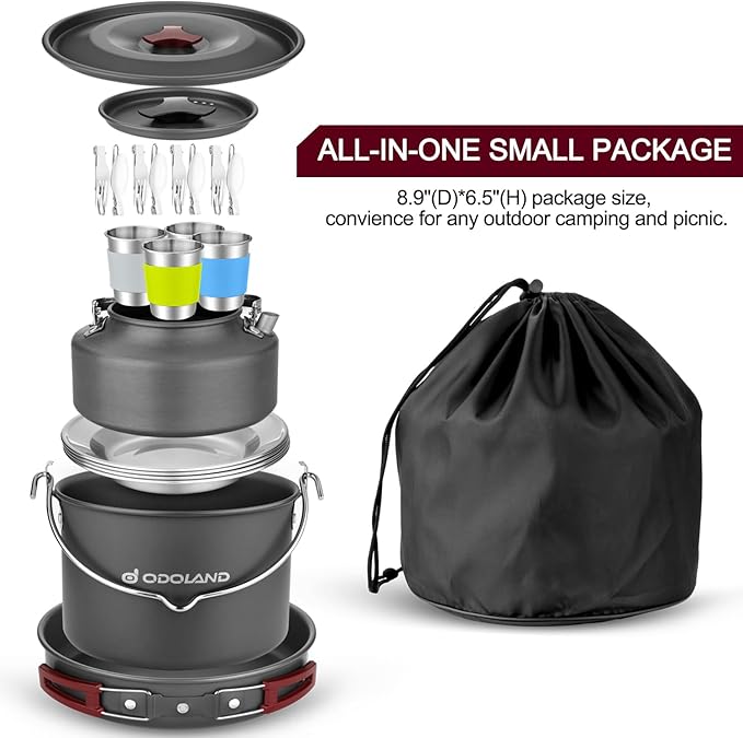 Odoland 22pcs Camping Cookware Mess Kit Large Size Hanging Pot Pan Kettle with Base Cook Set for 4 Cups Dishes Forks Spoons Kit for Outdoor Camping Hiking Picnic