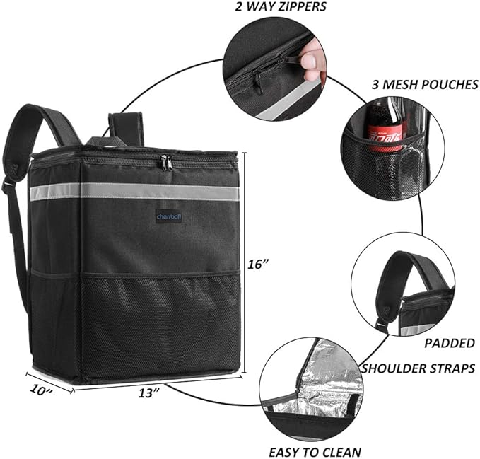 cherrboll L Insulated Pizza Delivery Backpack Thermal Food Delivery Bag with 2 Dividers Reusable Cooler Backpack for Bicycle Transport