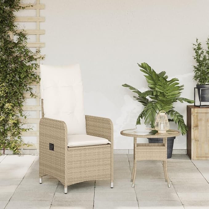 Reclining Garden Chair Beige Rattan Lounge Seat for Patio Powder-Coated Steel Frame 23 x 21.5 x 36.2 in Folding Backrest Outdoor Furniture for Garden Balcony Terrace