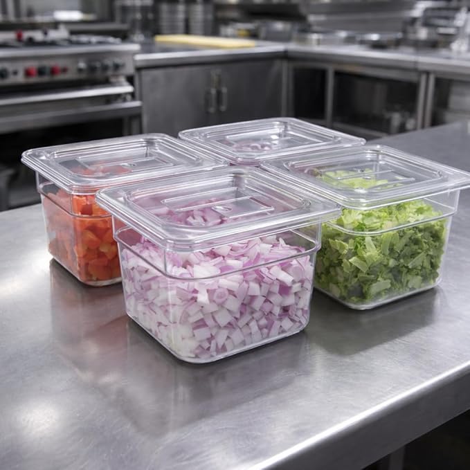 1/6 Size 4 Inch Deep Plastic Food Pan with Lids Commercial and Home Kitchen Clear Polycarbonate Pans Stackable Food Storage Containers for Hotel Home Bar