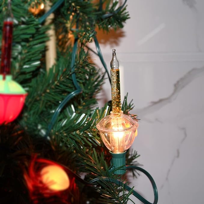 SUNSGNE Christmas Bubble Lights 8.8Ft Vintage Bubble Lights with 10 Gold Glitter Bulbs(1 Spare) C7/E12 Candelabra Base Gold Christmas Light Green Wire