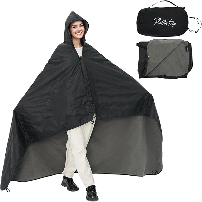 Wearable Warm Camping Blanket Waterproof Windproof Quilted Fleece Stadium Outdoor Blanket with Portable Bag for Cold Weather Camping Picnic Sports Pet Beach Travel Car 79*55 inches Black including Hat