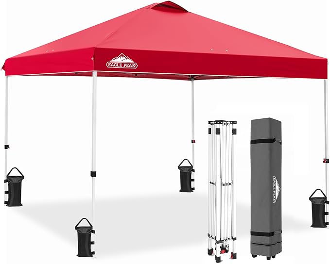 EAGLE PEAK Pop Up Canopy Tent with Wheeled Carry Bag 8 Stakes 4 Ropes 4 Weight Bags Easy Set Up Tent Canopy 10x10 ft 100sqft of Shade Red