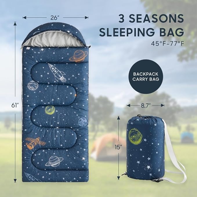 Wake In Cloud - Kids Sleeping Bag for Boys Toddlers Camping in Warm Cold Weather Backpacking Lightweight Compact Outdoor Liner for 3 Seasons Space Stars Rockets Galaxy