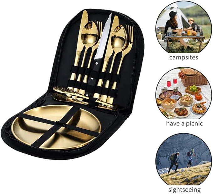 Stainless Steel Outdoor Camping Mess Kits Includes Forks Spoons Knives Food Clip Plates - Portable Cutlery BagGold