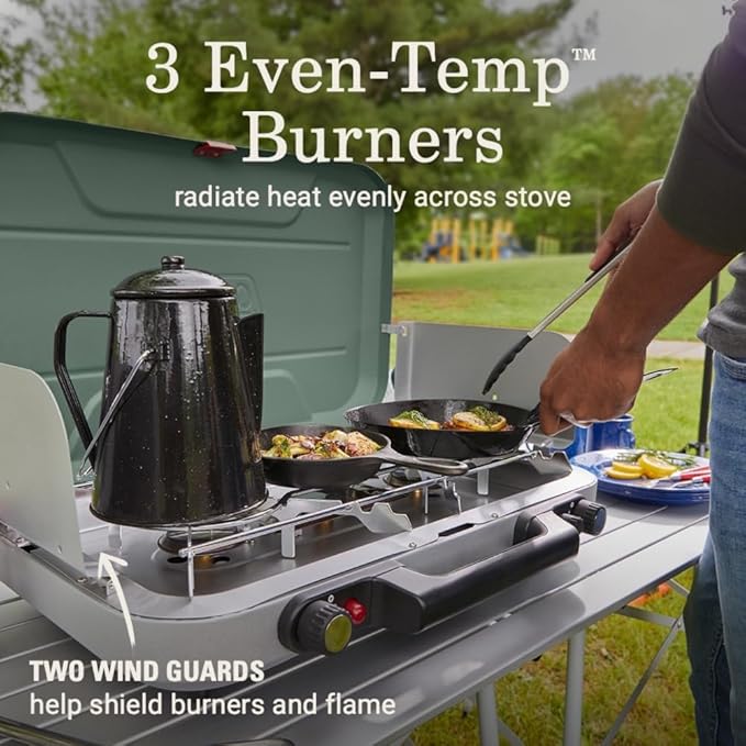 Coleman Cascade 328 3-Burner Camping Stove Portable Cooktop with 28000 BTUs Matchless Lighting &amp Dual Wind Guards Great for Outdoor Cooking Camping Tailgating Grilling BBQs &amp More