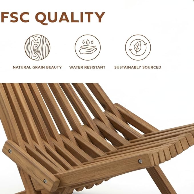 Folding Wooden Outdoor Chair Stylish Low Profile Acacia Wood Lounge Chair for The Porch Lawn Garden or Outdoor Patio Furniture (Wooden 2 Pack)