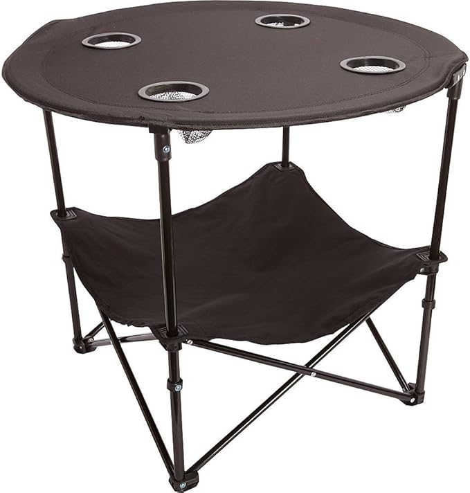 Preferred Nation | 2 Tier Folding Camping Table with 4 Mesh Cup Holders Black | Polyester with Metal Frame | Compact Convenient Carry Case Included | Side Table for Tailgate