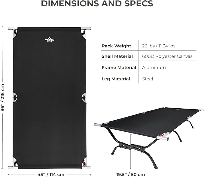 Teton Outfitter Camping Cot Heavy-Duty Oversized Folding Cot for Adults Comfortable Elevated Sleeping Bed Easy Setup