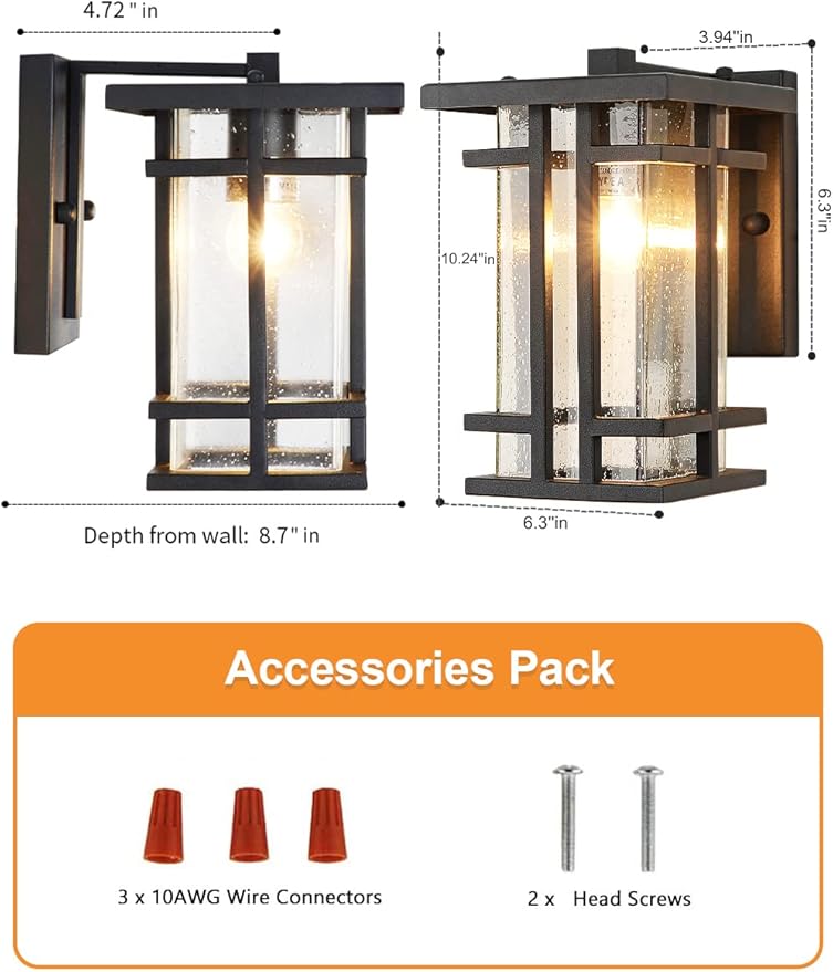 Retro Outdoor Wall Light Small Outside Wall Lamp with Clear Seeded Glass Shade 10H Exterior Light Fixtures Wall Mount IP65 Waterproof Outdoor Porch House Lighting Exterior Wall Lantern E26Black