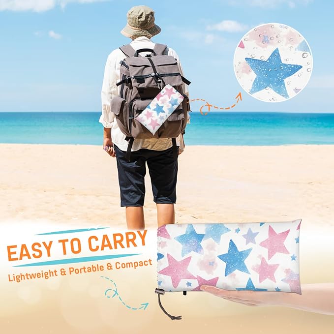 Waterproof Sandproof Beach Blanket 59''×68'' Star Confetti Polyester Outdoor Picnic Blanket with 4 Stakes &amp Storage Bag for BeachCampingVacation White