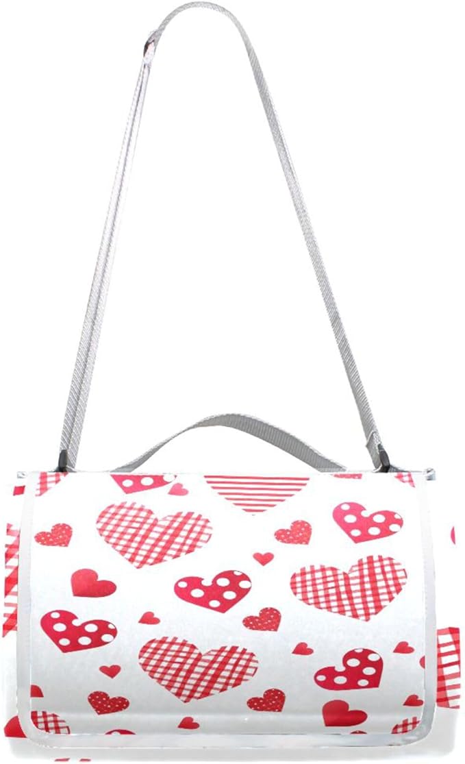 MNSRUU Picnic Blanket Waterproof Foldable Dotted Heart Large Outdoor Picnic Beach Camping Blanket Travel Mat Shoulder Strap Tote Rectangle 57x59in