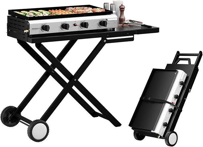 ROVSUN 4 Burner Foldable Propane Griddle with Wheels &amp Enameled Tray 40000 BTU Portable Flat Top Gas Grill with Electronic Ignition &amp Regulator for Outdoor Cooking Camping BBQ Tailgating Picn