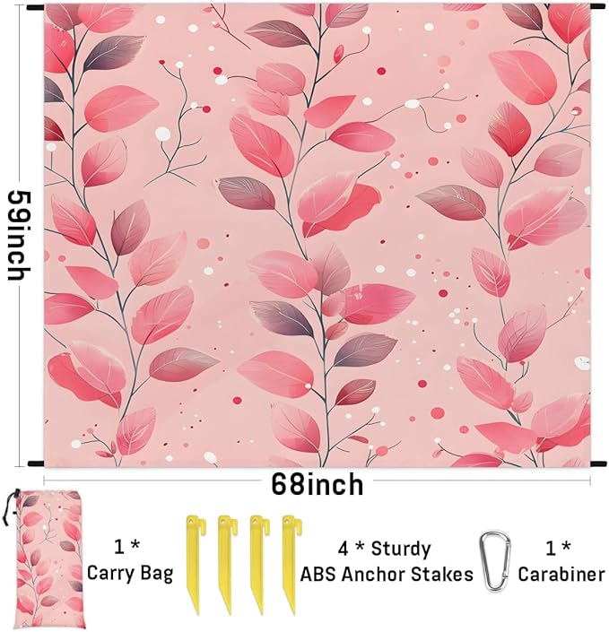 Waterproof Sandproof Beach Blanket 59''×68'' Plants Pink Leaf Polyester Outdoor Picnic Blanket with 4 Stakes &amp Storage Bag for BeachCampingVacation Pink