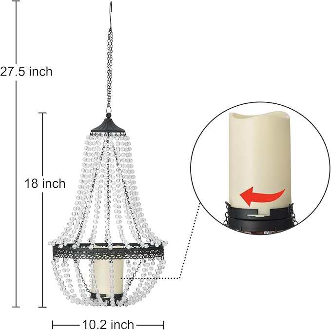 Hanging Candle Chandelier Outdoor Battery Operated Clear Acrylic Beaded Chandelier with Flickering Led Candle Light S Hooks Modern Lantern for Garden Yard Patio Gazebo Room Indoor Decorations 27”H