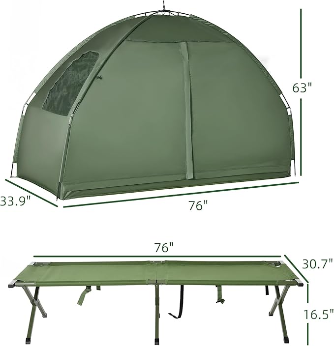 Outsunny Camping Tent Cot Folding Tent Cot Combo with Mattress Pillow Sleeping Bag Roller Carrying Bag Off Ground Travel Camp Cot for Hiking Backpacking