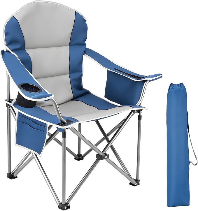 NEWBULIG Oversized Folding Camp Chair for Adults 500 LBS Heavy Duty Support Portable Outdoor Collapsible Chairs with Cup Holders Side Cooler &amp Pockets for Lawn Beach Fishing Hiking Blue