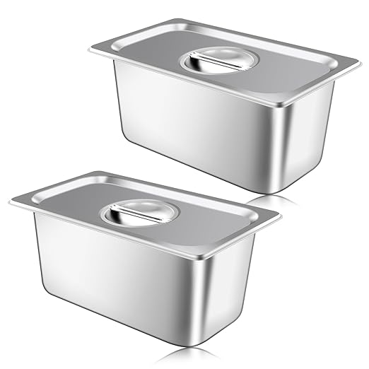 2 Pack Hotel Pan With Lids Steam Table Pans 1/3 Size x 6 Inch Deep Commercial Stainless Steel Pan Restaurant Steam Table Pans