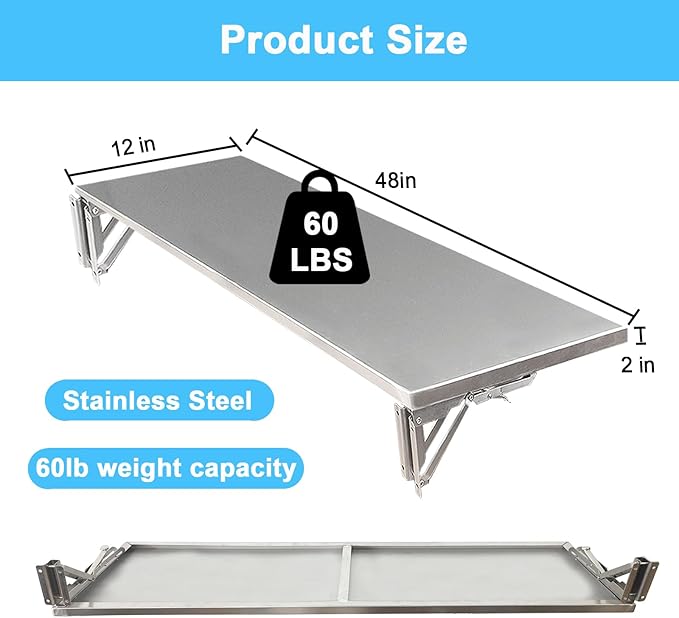 Folding Concession Shelf 48 x 12 Inch Stainless Steel Drop Down Serving Shelf Wall Mounted Folding Shelf for Food Truck Window &amp Concession Stand