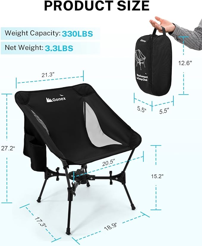 Gonex Portable Camping Chair The 5th Gen Ultralight Compact Backpacking Foldable Lightweight Folding Chair for Outdoor Camp Hiking Beach Picnic Concert Supports 330lbs (Black 1 PCS)