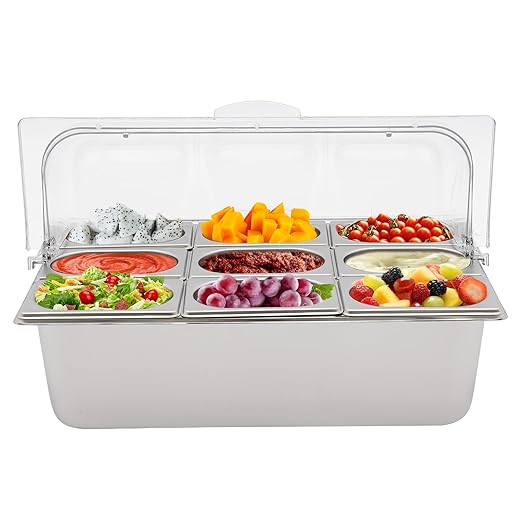 9-Compartment Stainless Steel Food Serving Tray with Lid Countertop Buffet Condiment Dispenser Display Container with Ice Packs 9 Tongs &amp Spoons for Restaurant Hotel Kitchen Party